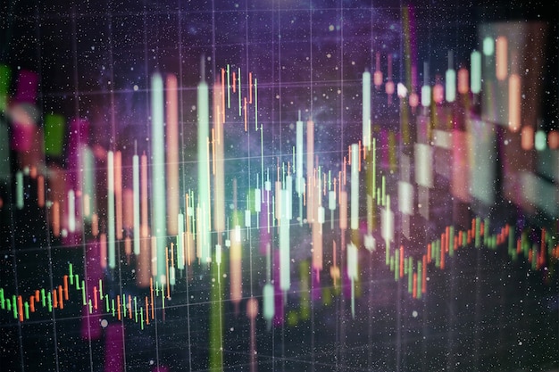 Finanzdaten auf einem Monitor, der von Market Analyze umfasst. Balkendiagramme, Diagramme, Finanzzahlen. Forex-Chart.