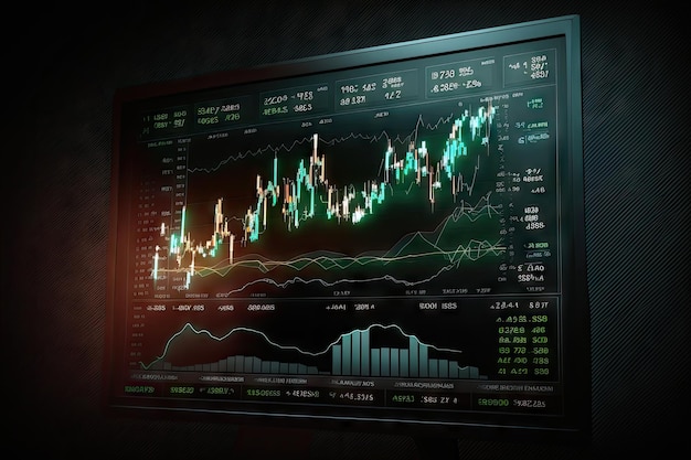 Finanzdiagramm mit Bewegung von Aktienindizes auf dem Monitor des Kerzendiagramms für Computerinvestitionen
