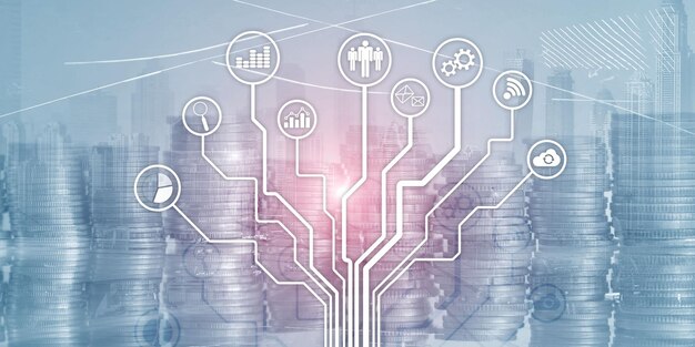 Finanzgeschäftstechnologie unter Verwendung des Internet-Freiheitslebenskonzepts Anwendungssymbole auf verschwommenem Hintergrund Symbole dünne Linie Schnittstelle