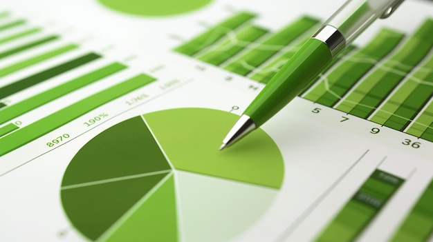 Finanzielle Daten mit einem Stift auf einem grünen Kuchendiagramm analysieren Ein Stift weist auf einen Abschnitt eines grünen kuchendiagramms hin