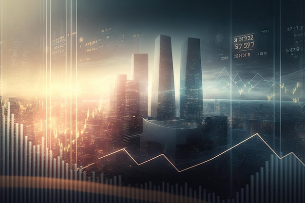 Finanzmarkt und Future Stock Graph 3D-Rendering Doppelbelichtung