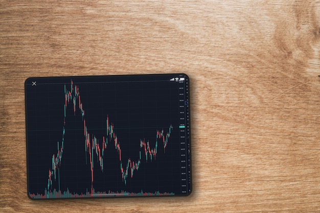 Finanzmarktdiagramm auf dem Tablet-Bildschirm auf hölzernem Hintergrund. Ansicht von oben. Börse.