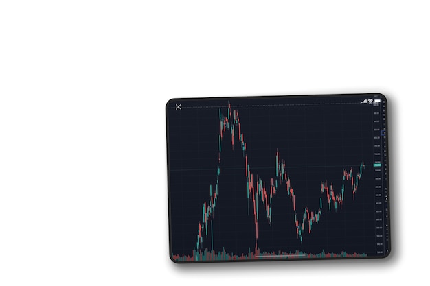 Finanzmarktdiagramm auf dem Tablet-Bildschirm auf weißem Hintergrund. Ansicht von oben. Börse.