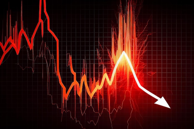 Finanzmarktdiagramm mit Abwärtstrend Roter Pfeil nach unten mit Feuerexplosion aus Investitionen in einer Krisensituation generierte KI