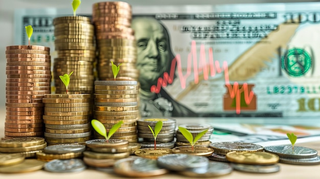 Finanzwachstum und Investitionskonzept, das das grüne Pflanzenwachstum unter Stapeln von Münzen und wirtschaftlichen Symbolen hervorhebt