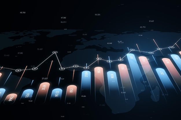 Finanzwachstumsdiagramme auf einer globalen Karte mit blauen Highlights 3D-Rendering