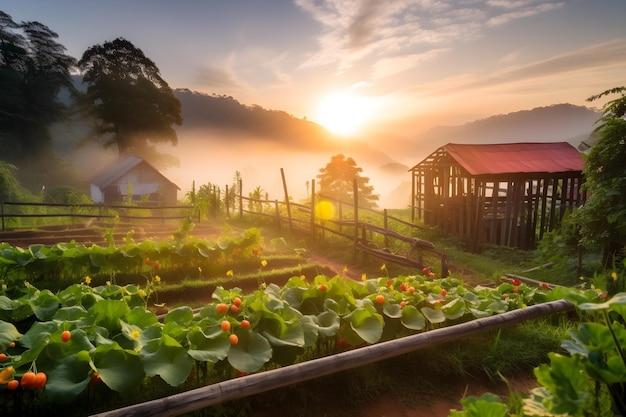 Una finca en la montaña con un amanecer de fondo