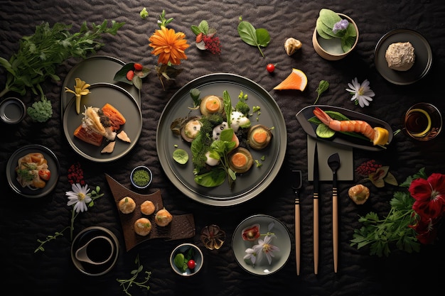 Fine Dining Flat Lay Professionelle Werbung Lebensmittelfotografie KI generiert