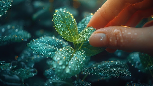 Finger berühren sanft ein mit Tau bedecktes Blatt