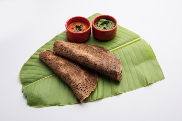 Foto finger mijo o ragi dosa es un saludable desayuno indio servido con chutney, en rollo, plano o en forma de cono