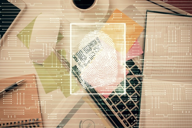 Fingerabdruck über dem Computer auf dem Desktop-Hintergrund Draufsicht Doppelbelichtung Konzept der Verbriefung