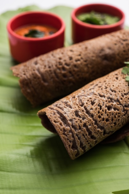 Fingerhirse oder Ragi Dosa ist ein gesundes indisches Frühstück, serviert mit Chutney, in Rollen-, Flach- oder Kegelform