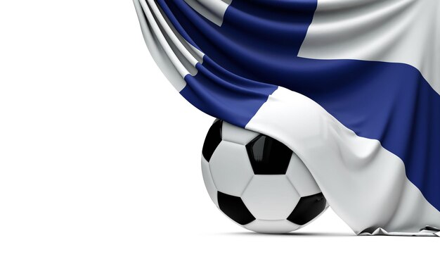 Finnische Nationalflagge drapiert über einem Fußball 3D-Rendering