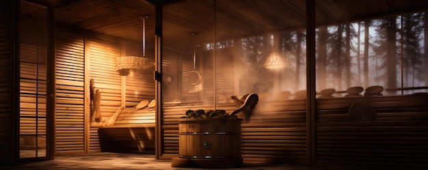 Finnische Sauna klassische Holzsauna mit heißem Dampf Spa-Relax-Komplex Panoramafenster Generative ai