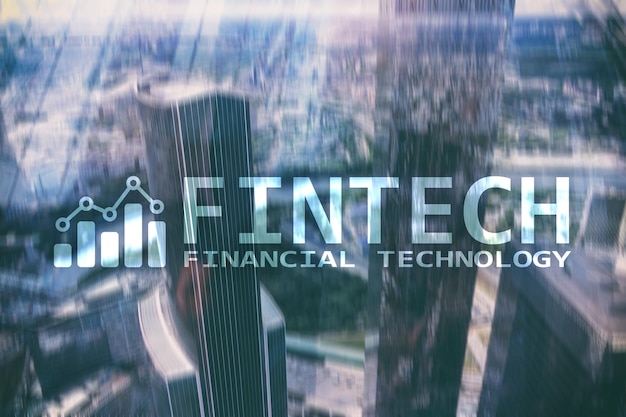 Foto fintech finanztechnologie globales geschäft und informationen internet-kommunikationstechnologie wolkenkratzerhintergrund hitech-geschäftskonzept