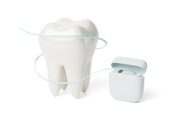 Fio dental em torno do dente 3d render isolado em branco