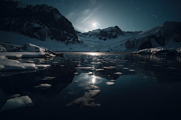 Fiorde congelante à noite com estrelas brilhando acima e reflexo do luar na água