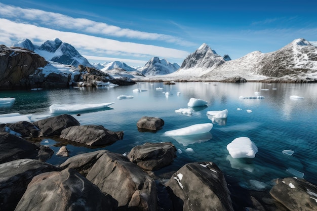 Fiorde congelante com águas cristalinas e picos cobertos de neve ao fundo