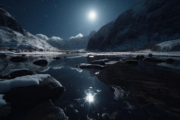 Fiordo helado por la noche con estrellas brillando arriba y reflejo de la luz de la luna en el agua