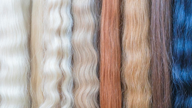 Foto fios de cabelo natural de diferentes cores e tons para extensões de cabelo