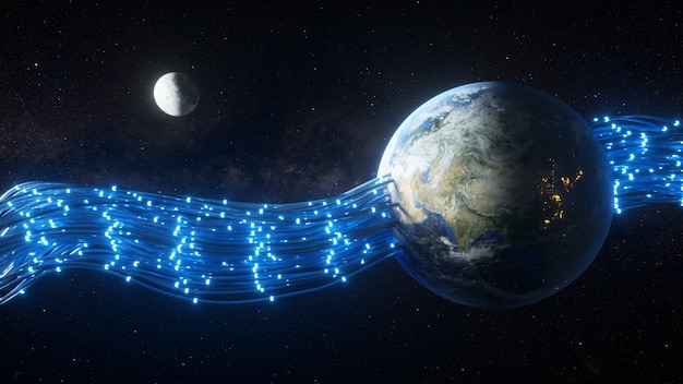 Fios passando pelo planeta Terra e dando-lhe energia