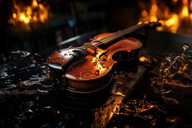 Foto fires of passion violino clássico encharcado e aceso com fundo de fogo ia generativa