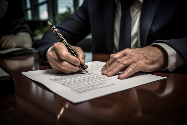 Foto firma de un documento legal en primer plano ia generativa