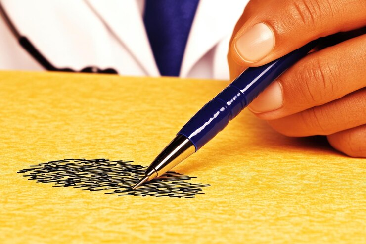 Foto firma a mano el documento con pluma azul en una superficie de papel amarillo