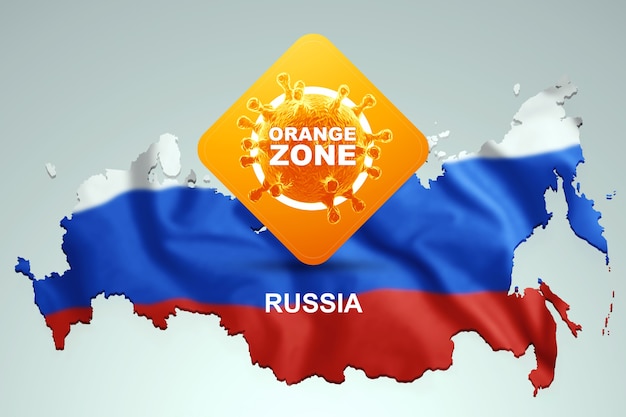 Firmar con la inscripción zona naranja en el fondo de un mapa de Rusia con la bandera rusa. Nivel de peligro naranja, coronavirus, encierro, cuarentena, virus. Render 3D, ilustración 3d.