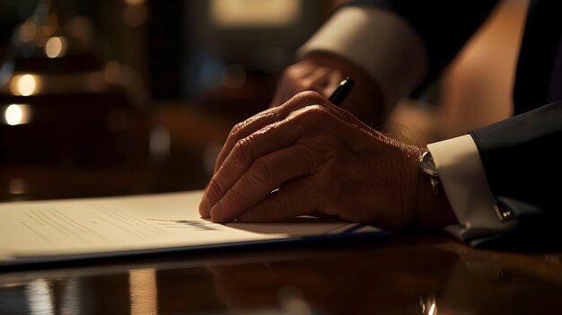 Firmar a mano con pluma un documento oficial importante en un entorno íntimo