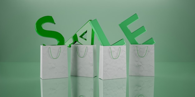 Firmar con la palabra "VENTA" en verde con las letras dentro de bolsas de papel. Render 3d