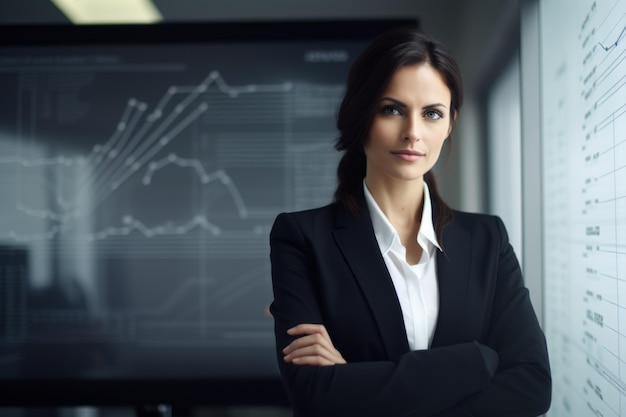 Firmenporträt Frau, weiße, selbstbewusste Geschäftsfrau, posiert im Büro, Unternehmen, Innenräume, Hände