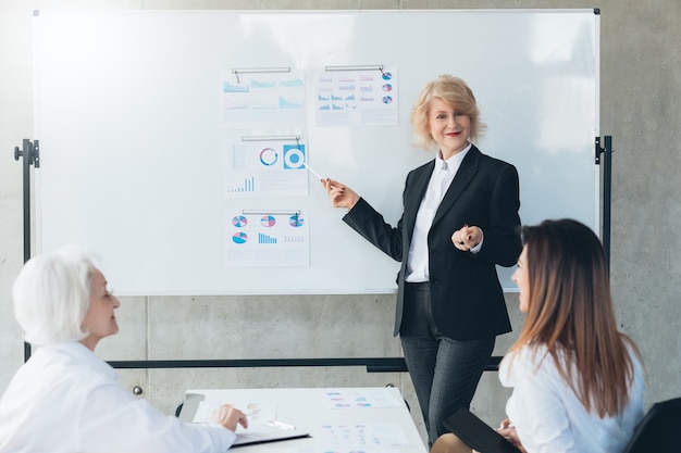 Firmentreffen. erfolgreiche Geschäftsfrau am Whiteboard mit Grafiken, Präsentation.