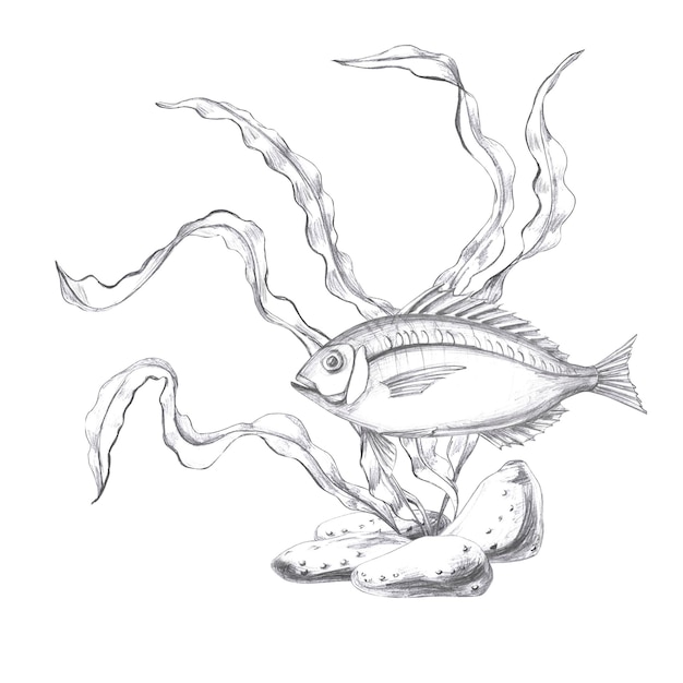 Fisch in Seetang handgezeichneter Bleistiftskizze isolierte Illustration im realistischen Stil für Fische