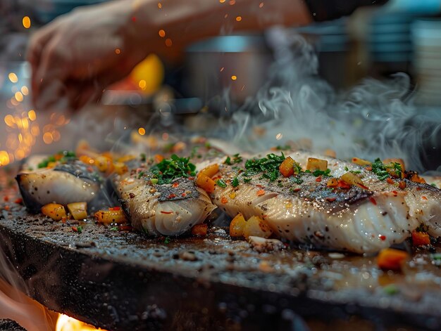 Fisch kocht auf einem Grill-Macro-Shoot