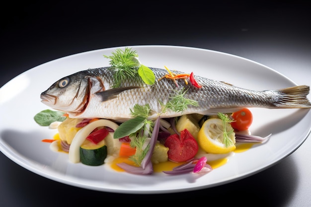 Fisch mit Gemüse auf einem weißen Teller in einem Restaurant mit Meeresdelikatessen