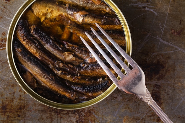 Fisch spießt Dosenfutter in Öl in einem Tincan