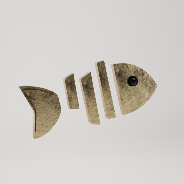 Fisch-Symbol. goldfarbener Fisch, der auf weißem Hintergrund in Stücke geschnitten wird.