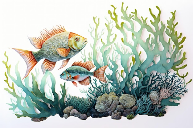 Fisch- und Korallenillustration auf weißem Hintergrund, Malstil Generative KI