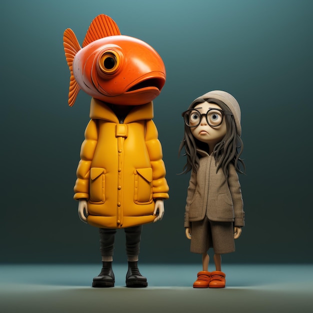 Fisch und Lisa Detaillierte 3D-Figuren in orangefarbenen Mänteln