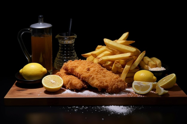 Fisch und Pommes auf dem Schneidbrett mit Zitrone