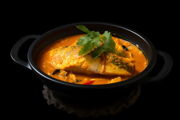 Fischcurry in einer Schüssel isoliert auf schwarzem Hintergrund