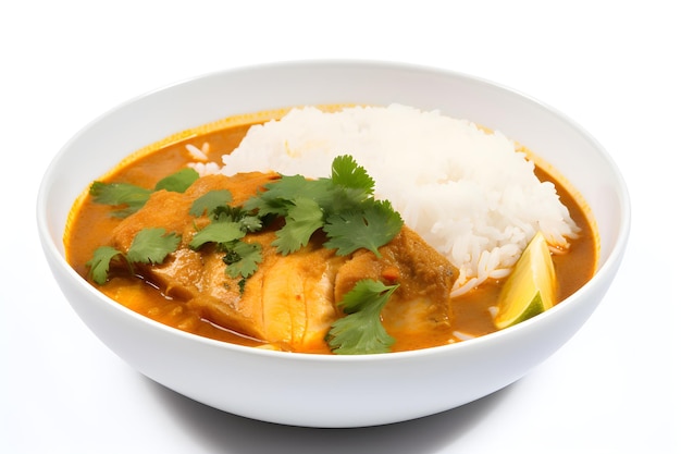 Fischcurry in einer Schüssel isoliert auf weißem Hintergrund