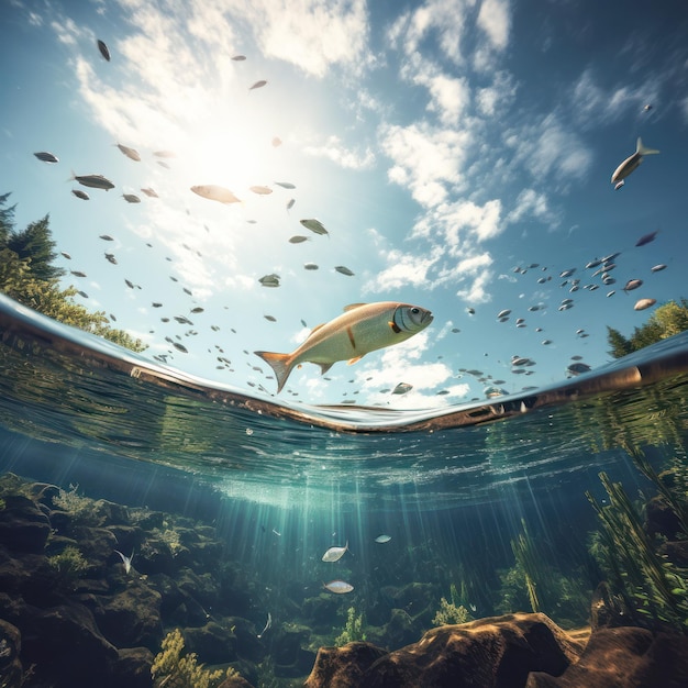 Foto fische im wasser mit blick auf den himmel