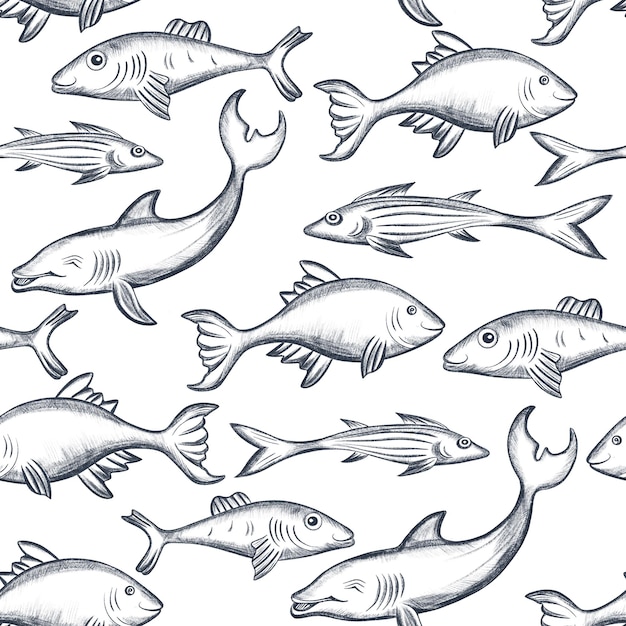 Fische nahtloser Hintergrund Schwimmende Fische Skizze Unterwasser-Meereslebensmuster