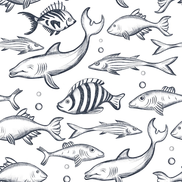 Fische nahtloser Hintergrund Schwimmende Fische Skizze Unterwasser-Meereslebensmuster