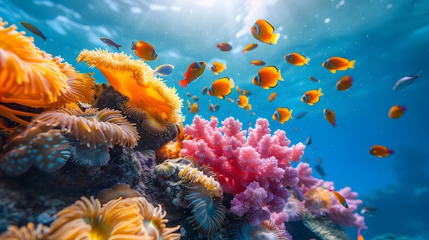 Fische schwimmen am steinigen Korallenriff in der Unterwasserwelt