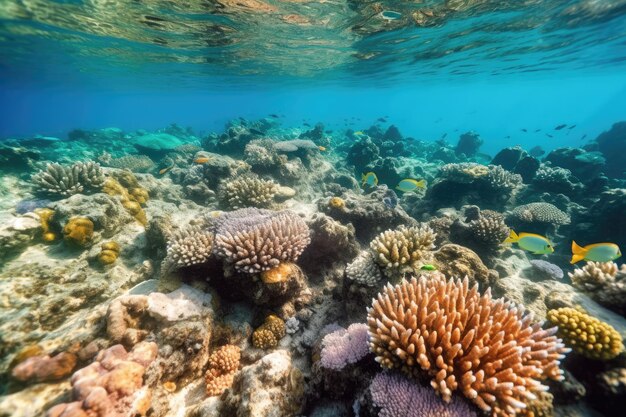 Fische schwimmen im Korallenriff unter tiefblauem Meer und bieten einen atemberaubenden Blick auf die Unterwasserwelt