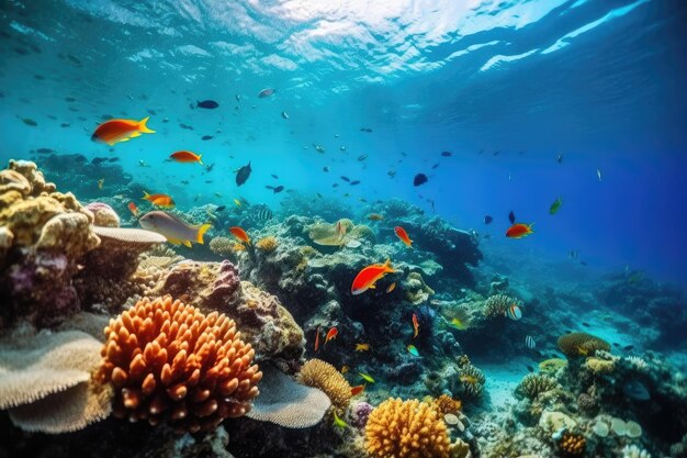 Fische schwimmen im Korallenriff unter tiefblauem Meer und bieten einen atemberaubenden Blick auf die Unterwasserwelt
