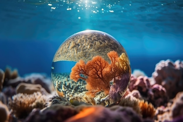 Fische schwimmen im Korallenriff unter tiefblauem Meer und bieten einen atemberaubenden Blick auf die Unterwasserwelt
